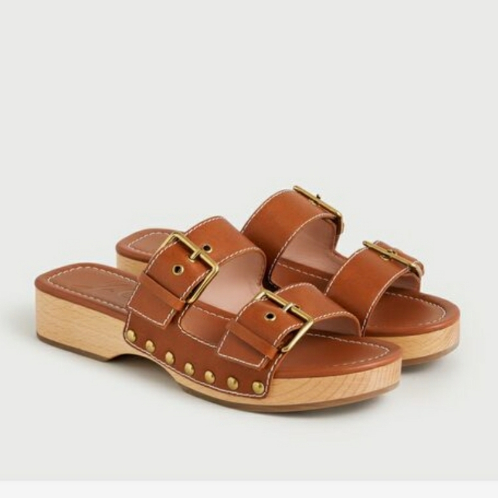 J Crew Leather Double Buckle-Strap Wood Heel Retro Sandals